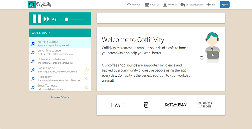 the coffitivity website and the ambient sound options.