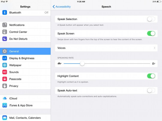 text to speech options in apple products that include voice type and voice speed.