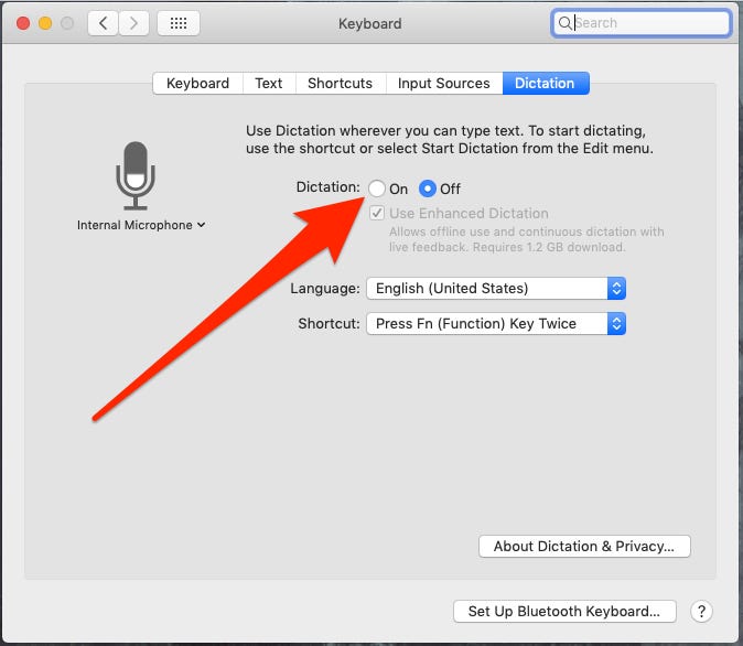 mac dictation options found in system preferences. Options include language and shortcut keys.