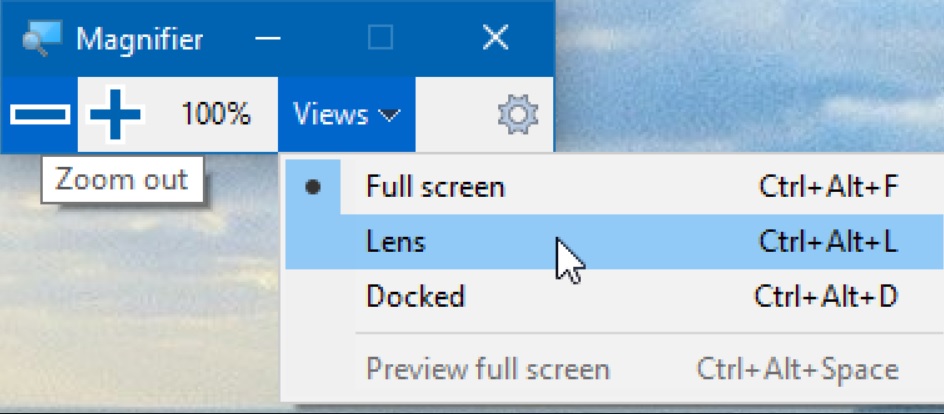 windows magnifier - key features like full screen, lens and docked that are all accessed via the setting icon in the tool.