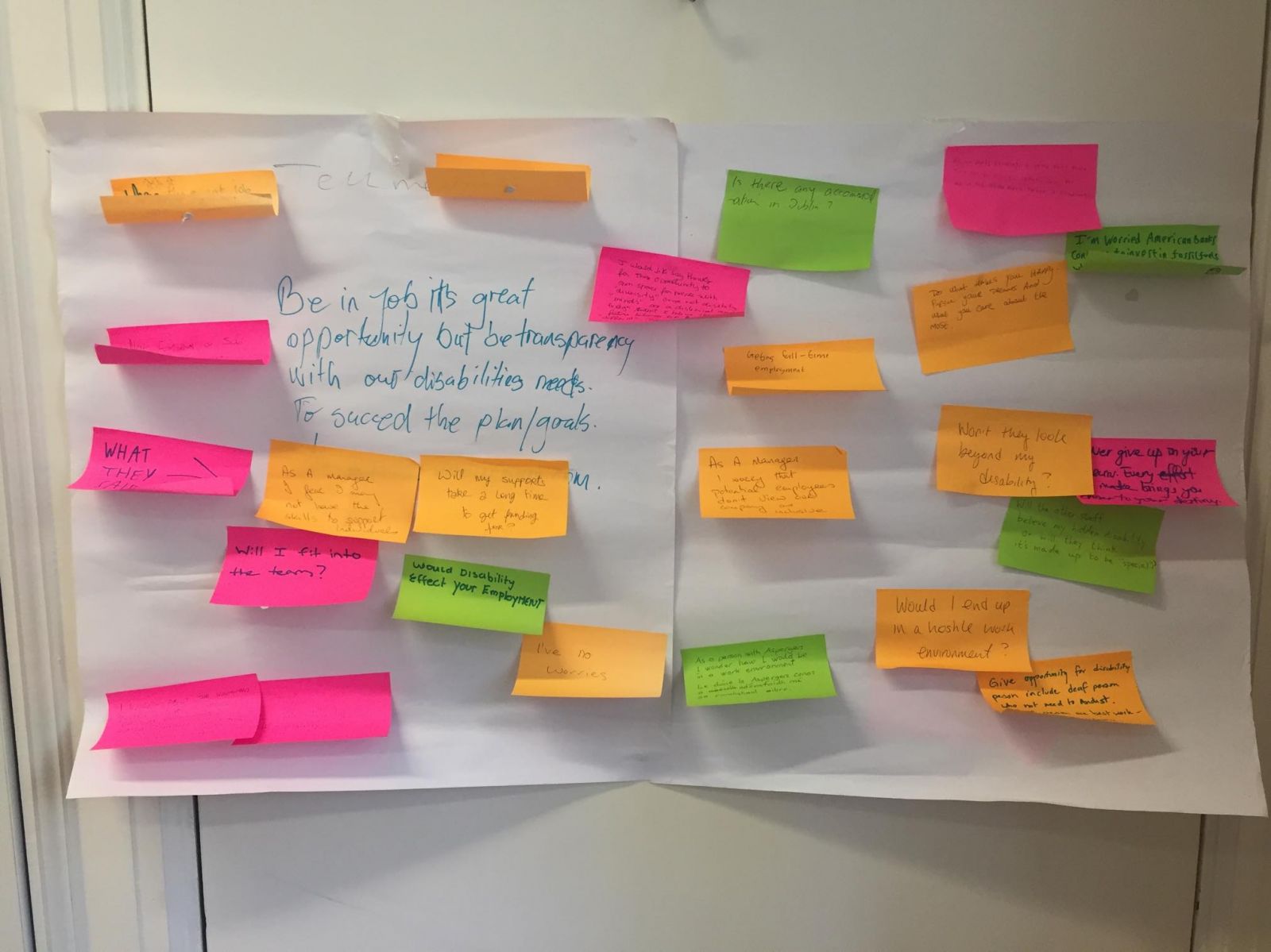 post-it notes stuck to a large white page where people have written their worries about work