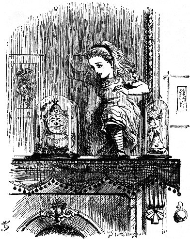 Illustration of Alice as she goes through the looking glass.