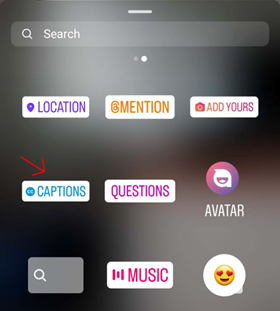 Screenshot of Instagram options showing Captions button.