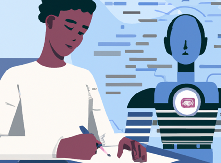 Illustration of a student writing an essay with a robot standing behind him, seeming to oversee their work.