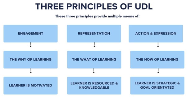 This blue diagram shows the three principles of UDL which are: Multiple means of 1. engagement, 2. representation, 3. action and expression. engagement = the why of learning, representation = the what of learning and action and expression = the how of learning. The aim of following these principles is to foster learners that are motivated, resourced, knowledgeable, strategic and goal-orientated.