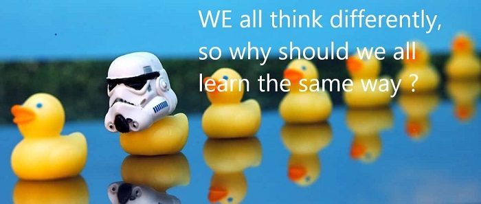 A photograph of a line of yellow rubber ducks but one has the helmet of a soldier from Star Wars. Text on the image says ‘We all think differently, so why should we all learn the same way?’