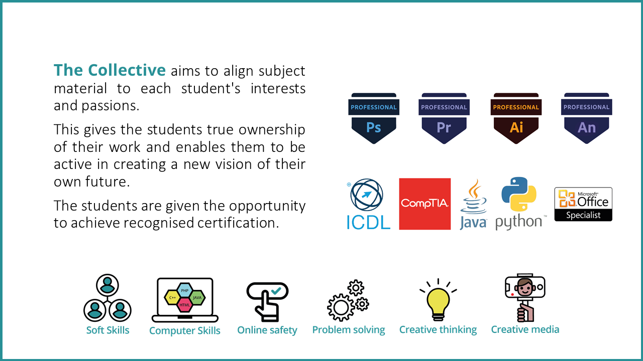 The Collective aims to align subject material to each student's interests and passions. This gives the students true ownership of their work and enables them to be active in creating new vision of their own future. The students are given the opportunity to achieve recognised certification. Soft Skills, Computer Skills, Online safety, Problem solving, Creative thinking, Creative media?