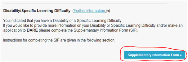 Click the 'Supplementary Information Form' button to go the Supplementary Information Form (SIF)