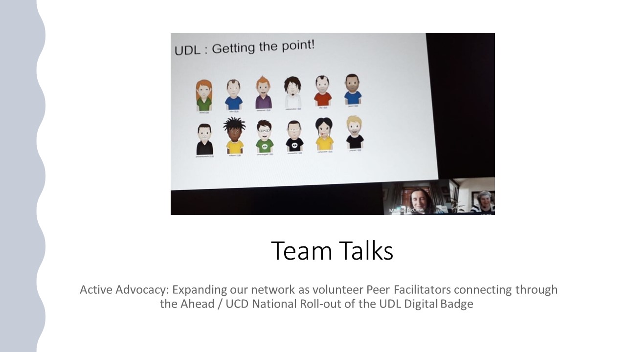 The image shows a cartoon picture of a diverse group of learners captured in a screenshot of a shared computer screen during a Teams meeting between the presenters reflecting on their UDL activities. The screenshot includes video stills of both presenters.