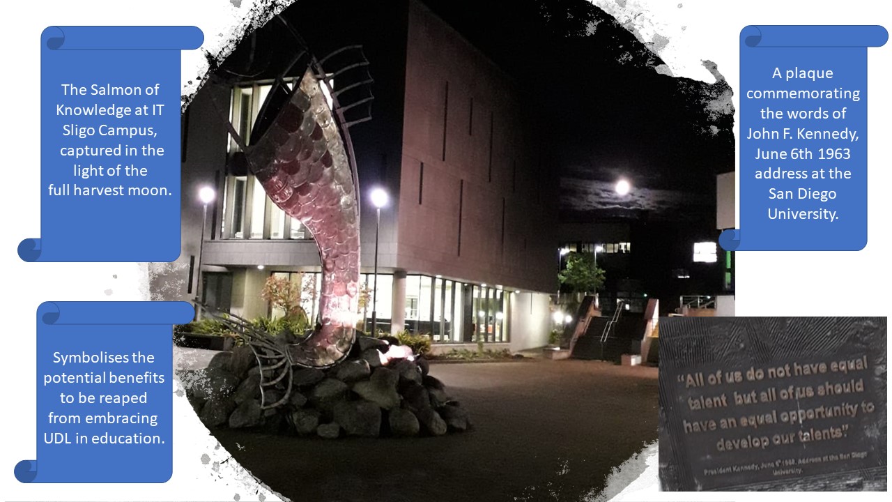The image shows the sculpture of the Salmon of Knowledge on the IT Sligo campus, captured on a moonlit autumnal night. The image of the full harvest moon with enhanced brightness shows the potential benefits to be reaped from embracing UDL in education. A photograph of a plaque commemorating John F Kennedy’s visit to New Ross in 1963 showing a quote from John F Kennedy: All of us do not have equal talent but all of us should have  an equal opportunity to develop our talents   President Kennedy June 6th 1963 address at the San Diego University
