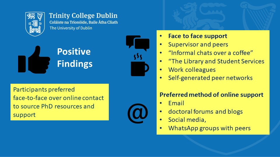 Participants preferred face-to-face over online contact to access PhD resources and support. For example from the supervisor, Student Support, over an informal cup of coffee and with peer generated networks.  Preferred methods of online communication included email, PhD forums, blogs and WhatsApp groups.