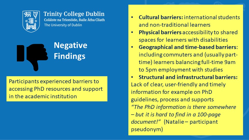Barriers to accessing face-to-face support from the academic institution were due to cultural and language barriers for international learners.  Learners with disabilities experienced challenges to accessing the physical and social environment on campus.  Part-time learners found it hard to access campus resources during office hours often  due to working full-time 9am to 5pm.  Document-based and online PhD information was sometimes viewed as not user friendly and hard to find, for example “the information is hard to find in a 100 page document” (quote from participant).