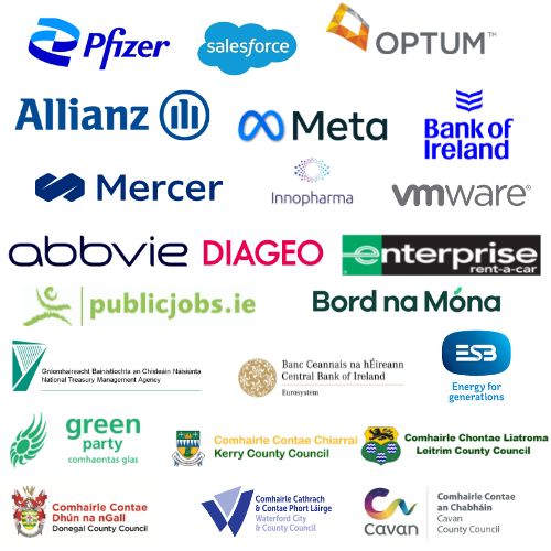 Collage of various companies working with WAM - Pfizer, Salesforce, Allianz, Mercer, Innopharma, Meta, Local authorities, Bank of Ireland, NTMA, Enterprise, Bord na Mona, Green Party, VMWare, Diageo, Public Jobs